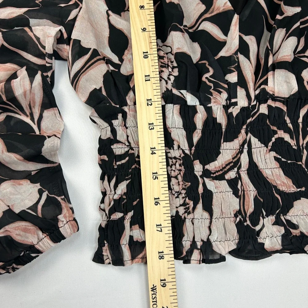 Banana‎ Republic Pink Floral Smocked V-Neck Blouse Black Chiffon XS